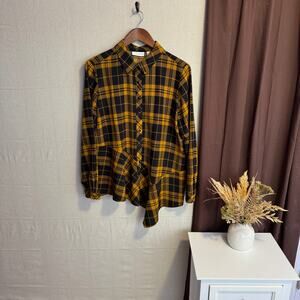 Susan Graver Size M Black Yellow Plaid Button Up Blouse Shirt Uneven Hem